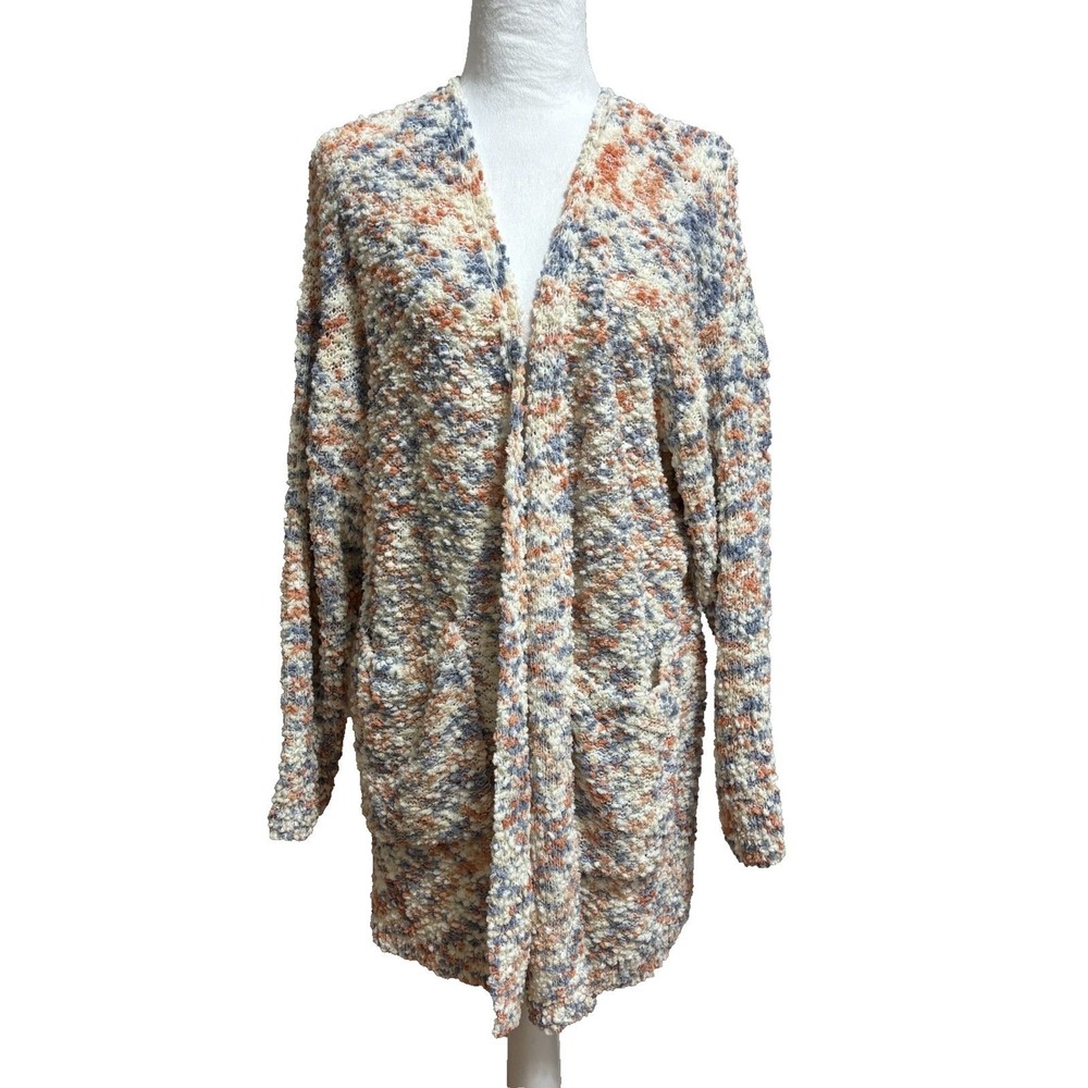 Serra Cardigan Sweater Multicolor Popcorn Knit Open Front Pockets Cozy Layer M